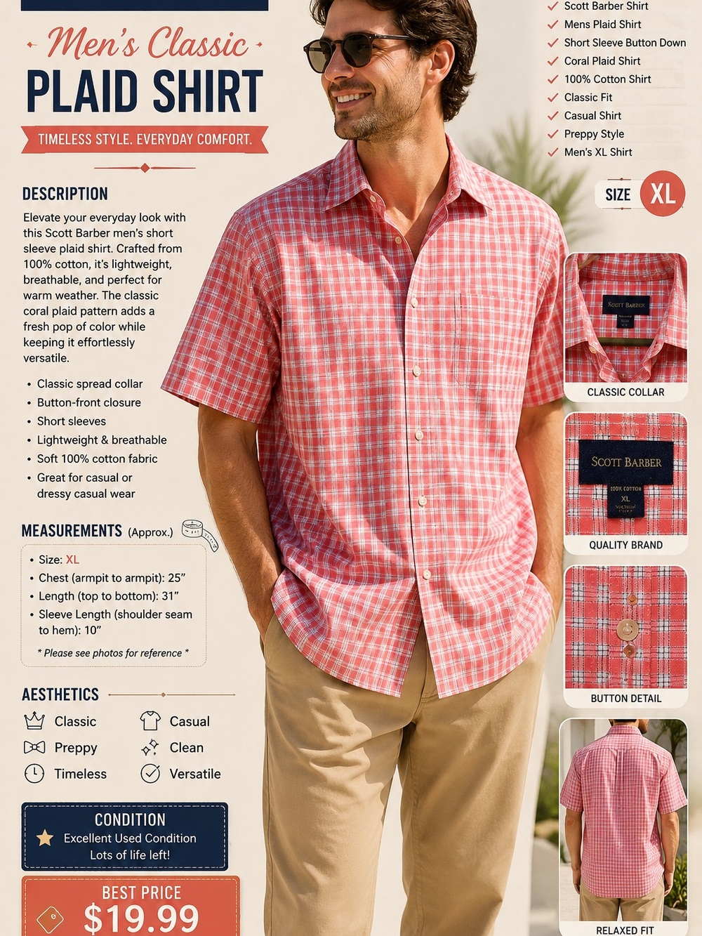 Nautica Coral Pink Plaid Short-Sleeve Button-Down Shirt